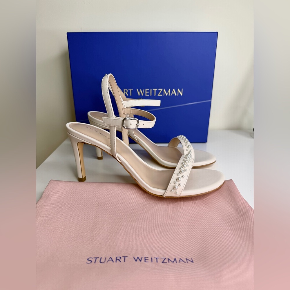 NEW Stuart Weitzman 9.5 Dancer Demipearl Heel Sandal Calf Leather White Wedding
